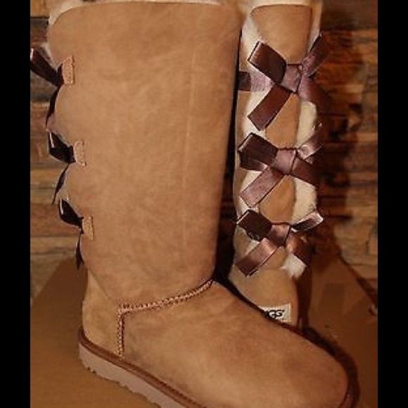 NIB UGG Women's Tall Bailey Bow Suede Shearling Lined‎ Boots CHESTNUT - Picture 4 of 8
